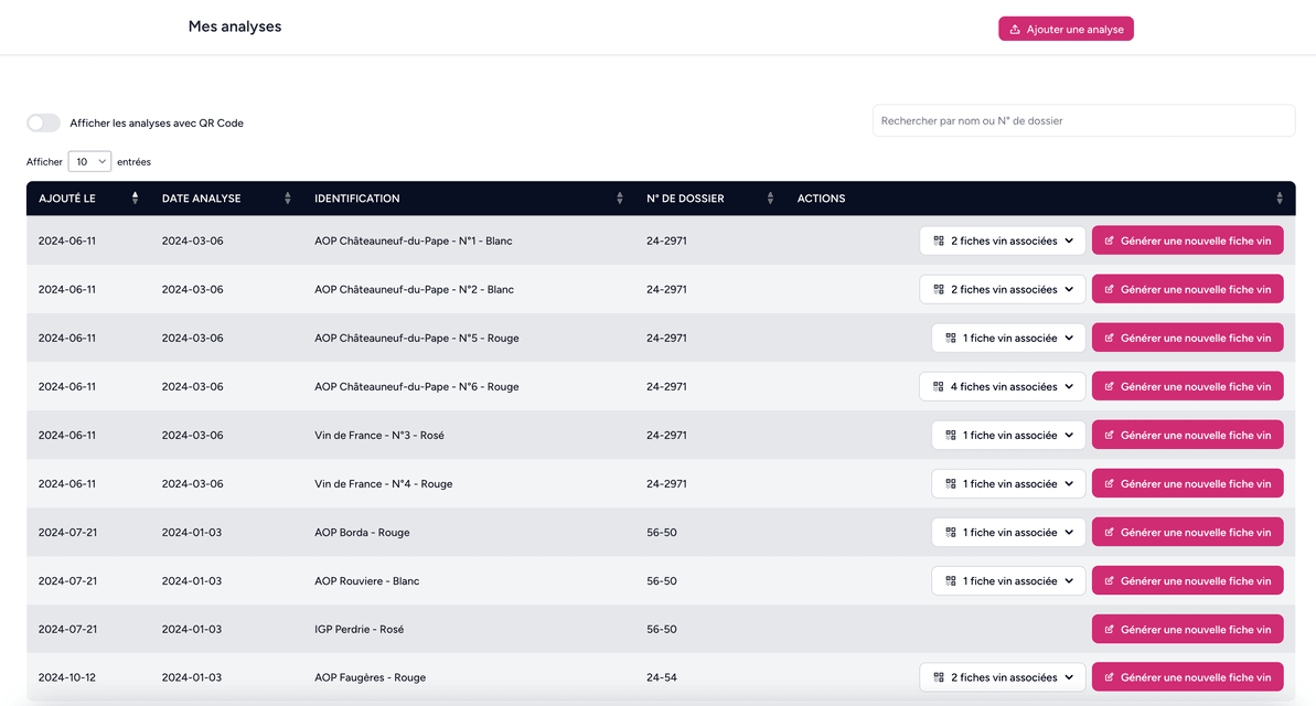 Interface d'analyses GrapeTrack