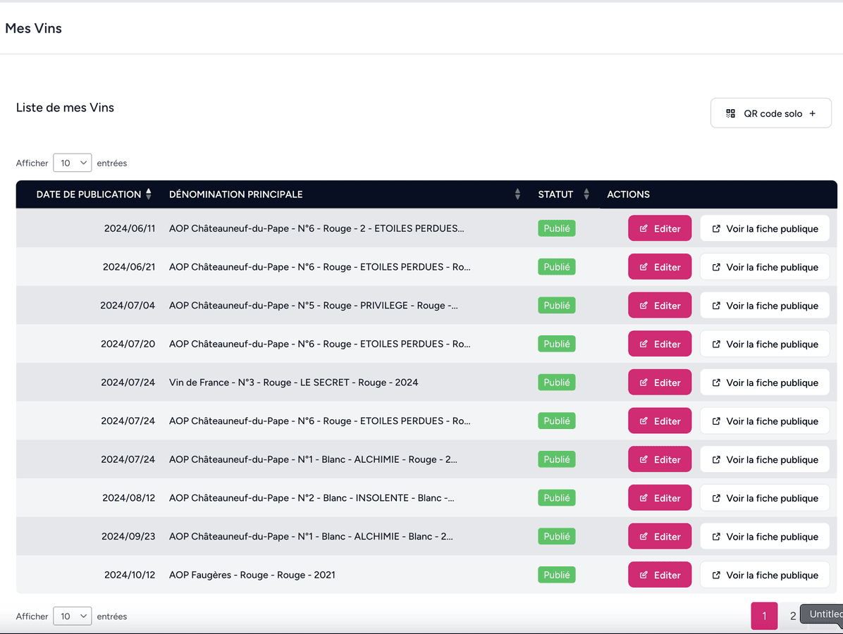 Interface de gestion des vins GrapeTrack