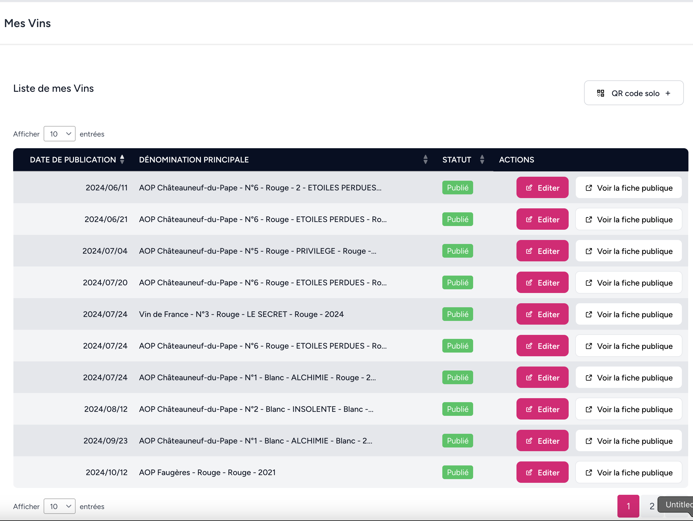 Interface de gestion des vins GrapeTrack